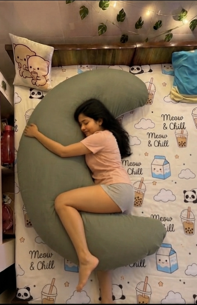 Woman side sleeping curled into the olive Diwan Body Pillow